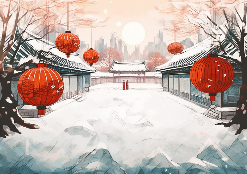 暴雪下的中国风国潮古典建筑插画灯笼,插画/手绘图,插画/手绘图库,插画/手绘图下载,插画/手绘